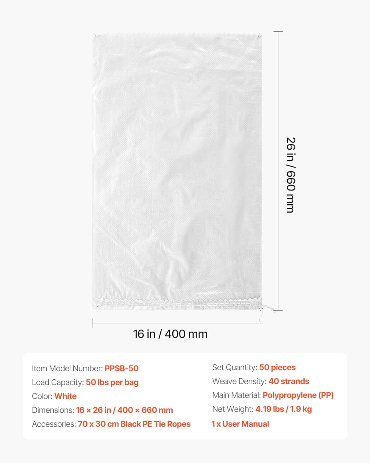 VEVOR Heavy Duty Sand Bags, 50Pack 14" x 26", Empty Sandbags for Flooding with Tie Strings, Woven Polypropylene Sand Bag with 1600 Hours of UV Protection, 50Lbs Capacity