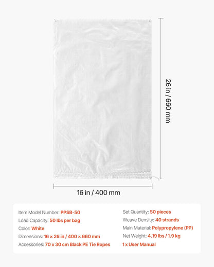 VEVOR Heavy Duty Sand Bags, 50Pack 14" x 26", Empty Sandbags for Flooding with Tie Strings, Woven Polypropylene Sand Bag with 1600 Hours of UV Protection, 50Lbs Capacity