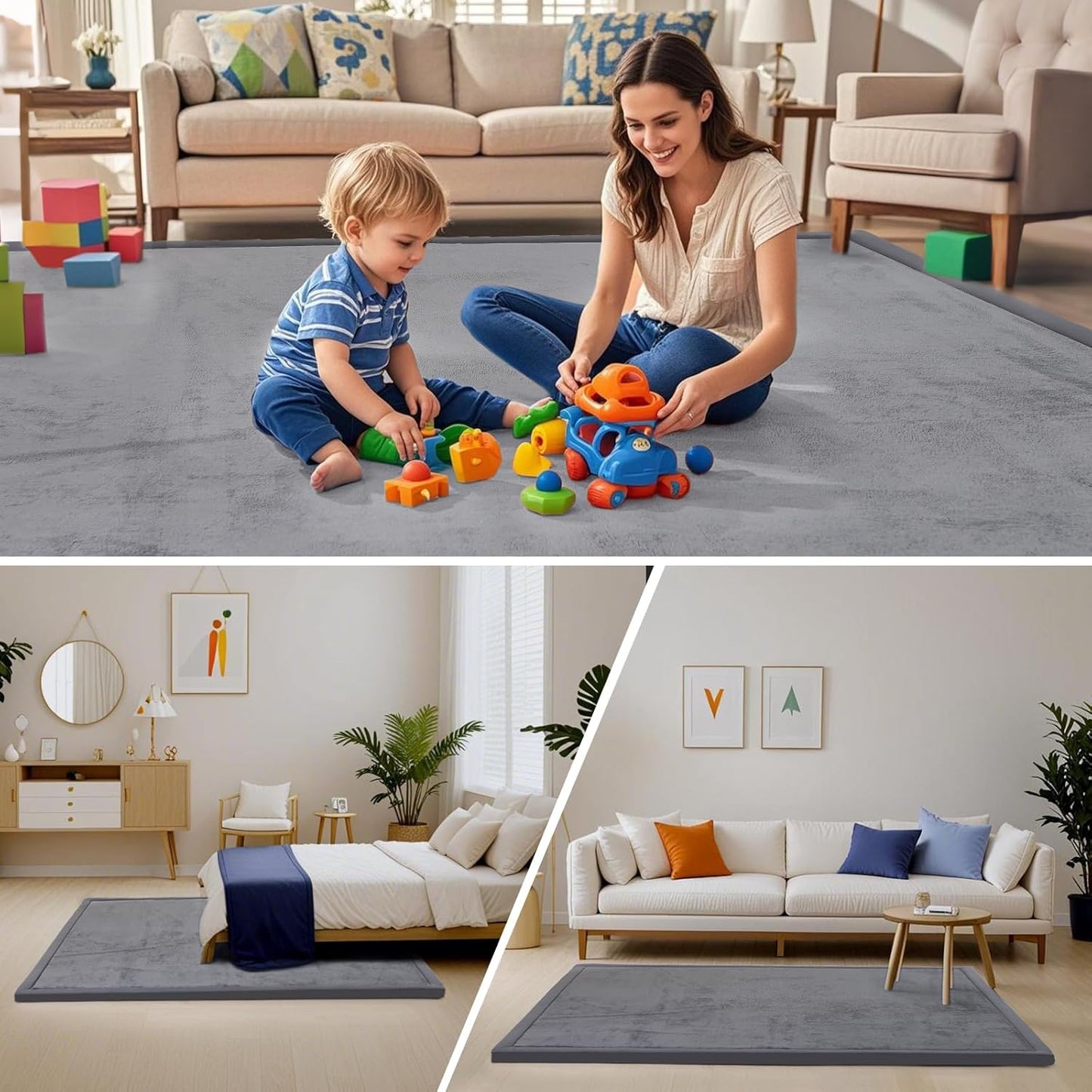 ACOMOPACK Baby Play Mat for Floor,1.3" Thick Memory Foam Area Rug for Living Room,Soft Velvet Crawling with Non-Slip Bottom for Kid,Toddler,39"×59" Tummy Time Nursery Rugs,Yoga（Light Grey）