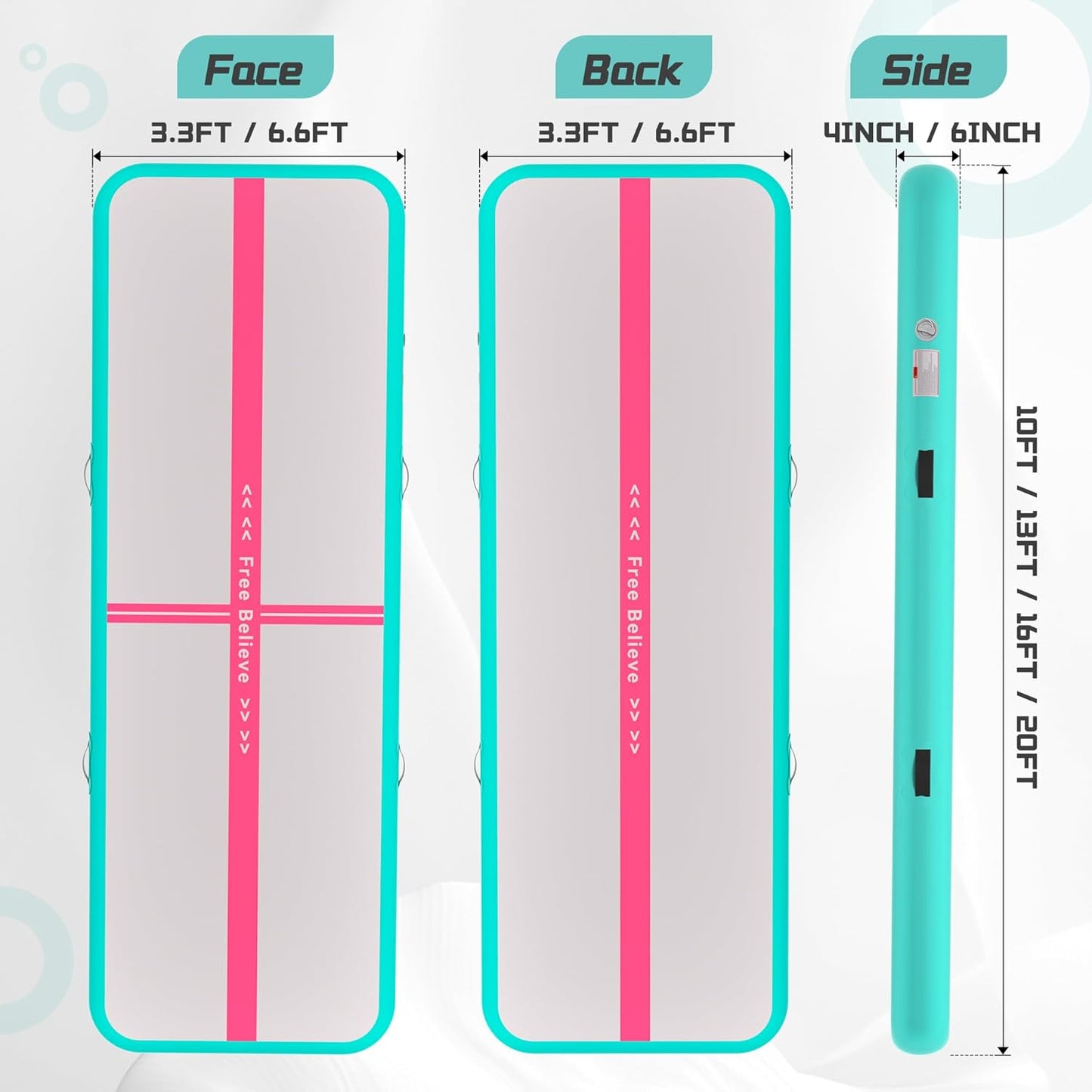 Pink Gymnastics Mat Inflatable Tumble Track Mats 10/13/16/20ft Training Mats for Home Air Mat for Kids with Pump 4”/6” Thick for Cheerleading/Yoga/Exercise/Parkour/Beach/Park/Water