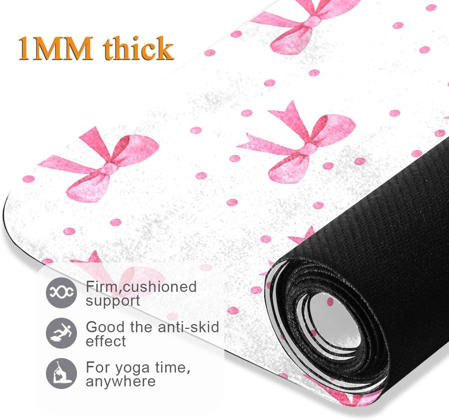 Pink Bows Yoga Mat, 71” x 26” Non-Slip Sports Yoga Mat with Storage Bag, for Indoor and Outdoor Fitness Exercise, Pilates