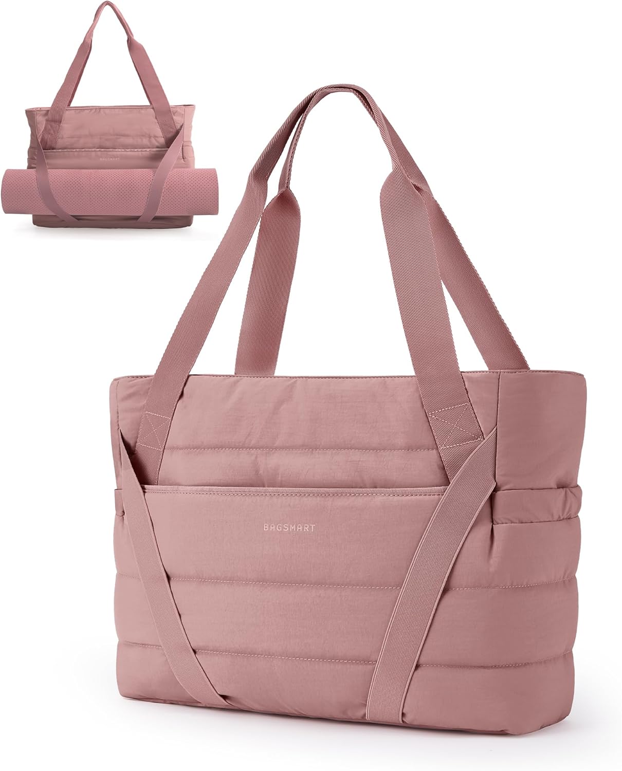 BAGSMART Tote Bag for Women with Zipper and Yoga Mat Straps Quilted Gym Tote for Travel, Work, Sport