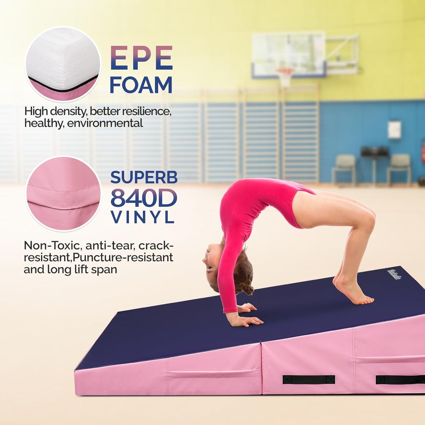 Matladin 48"x24"x14" Tumbling Mat - Folding Gymnastics Cheese Wedge Mat for Kids, Girls Home Training