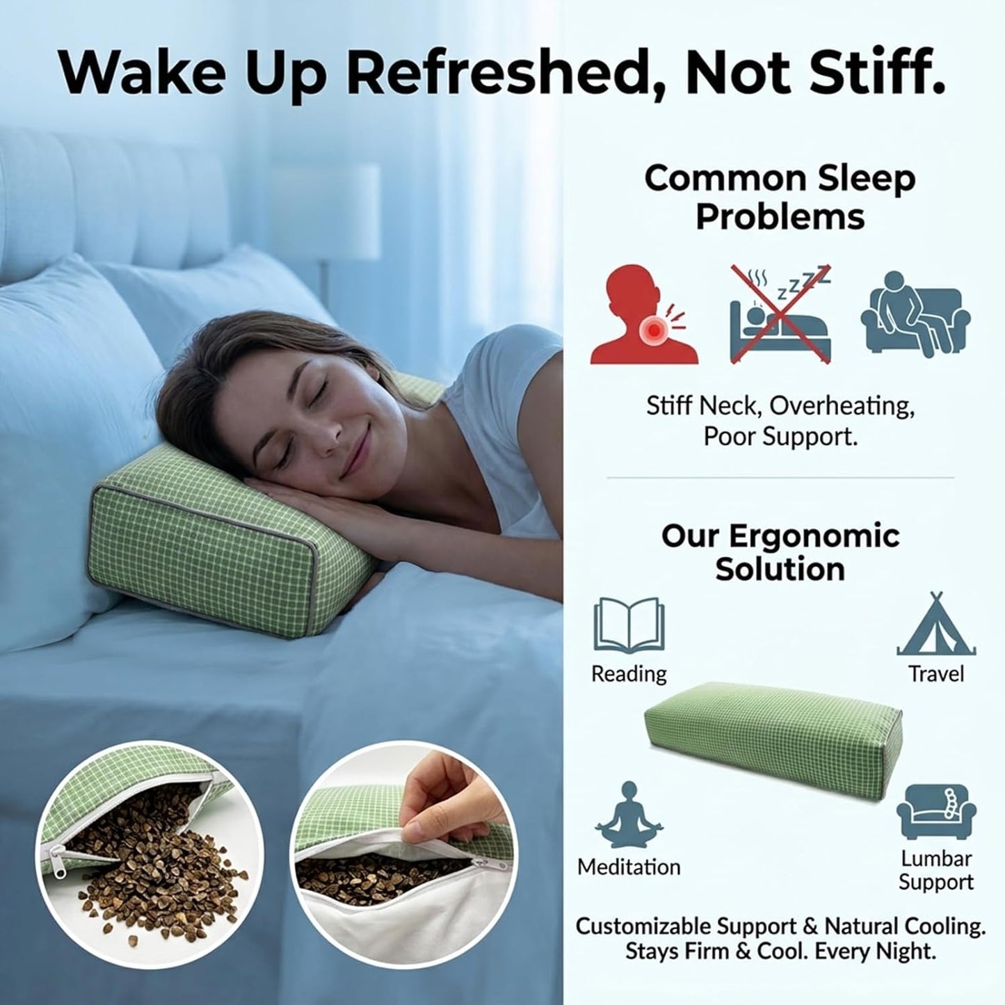 Adjustable Buckwheat Hull Pillow for Neck Pain Relief (21x8x4in) Natural Cooling Cervical Support Organic Pillow for Side & Back Sleepers with Night Sweats (Grey)