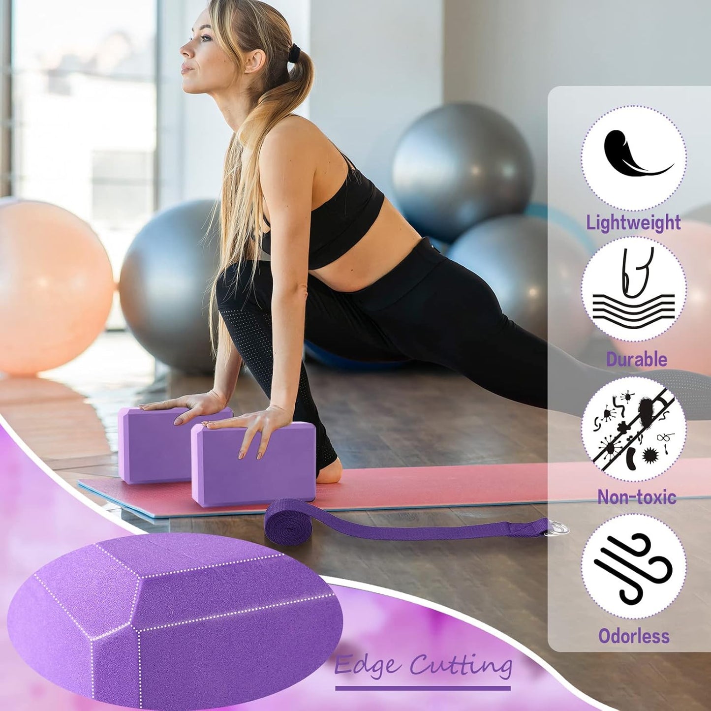 Wettarn 30 Pack Yoga Block and Strap Set 15 Pcs Non-Slip Yoga Blocks with 15 Pcs Metal D Ring Stretching Exercise Workout Fitness Accessory for Gym
