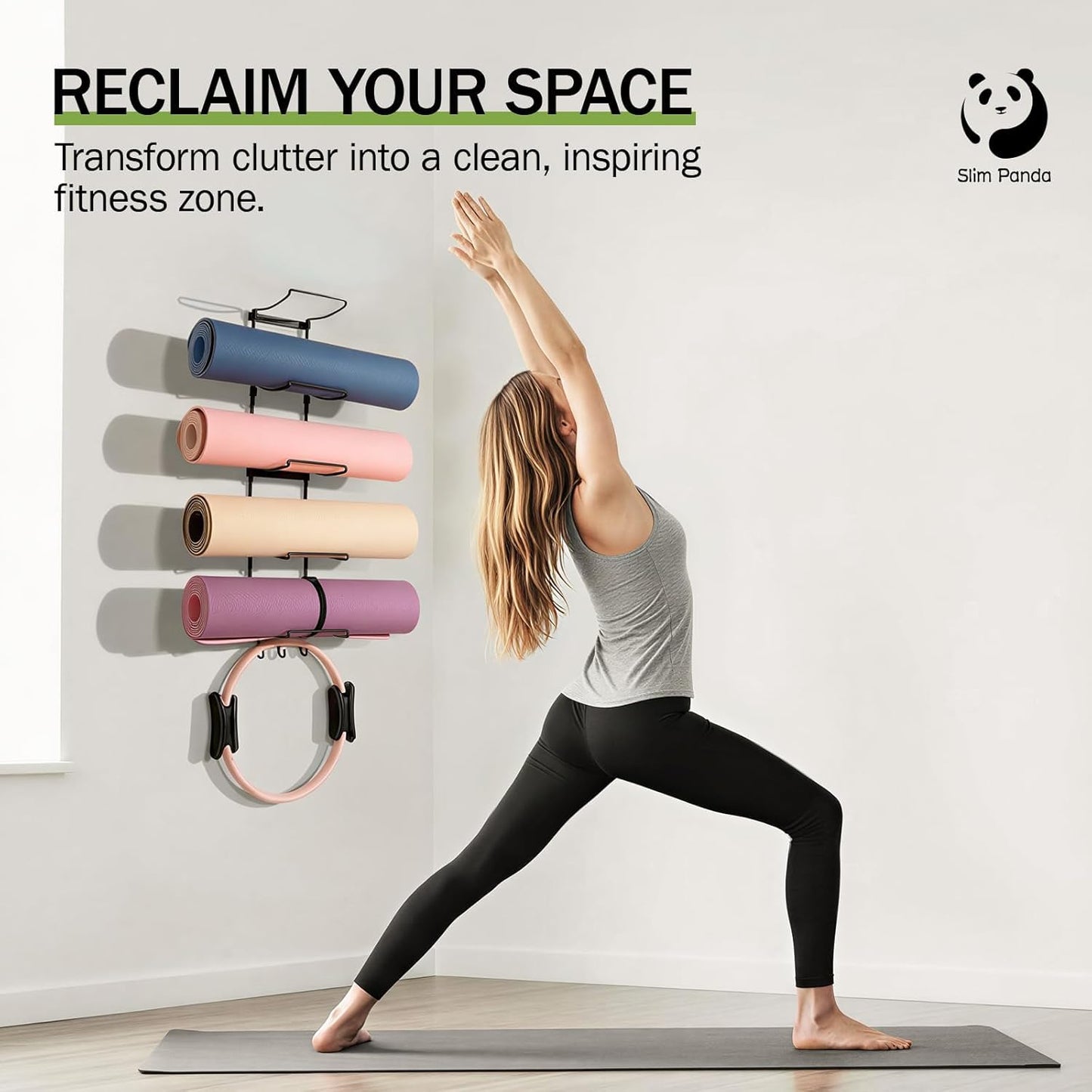 Slim Panda Yoga Mat Holder Wall Mount With Mesh Bag,Yoga Accessories Storage Rack,Home Gym Organizer with 5-Tier & 3 Hooks for Hanging Yoga Mats, Foam Roller, Resistance Bands, Space Saver
