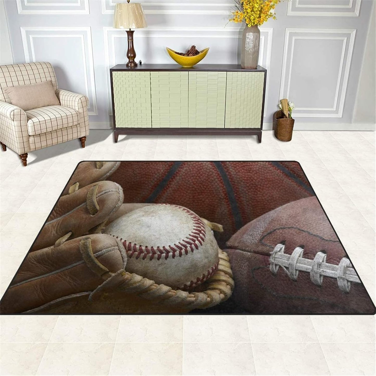 Sports Field Area Rug,5x7ft, Soccer Field Chalked Blackboard Football Stadium Board Painted Non-Slip Soft Carpet Floor Mat Indoor Living Room Bedroom Rugs Yoga Mat Home Decor