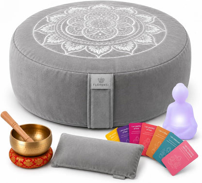 Meditation Cushion Set with Buckwheat Zafu, Breathing Light, Singing Bowl, Eye Pillow & Affirmation Cards – Meditation Kit for Beginners, Mindfulness Gift Set for Stress Relief & Yoga