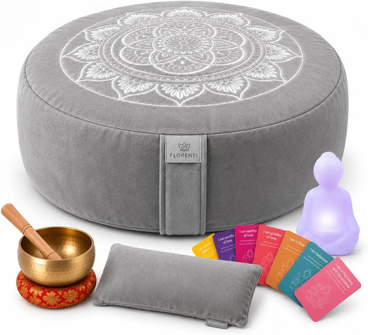 Meditation Cushion Set with Buckwheat Zafu, Breathing Light, Singing Bowl, Eye Pillow & Affirmation Cards – Meditation Kit for Beginners, Mindfulness Gift Set for Stress Relief & Yoga