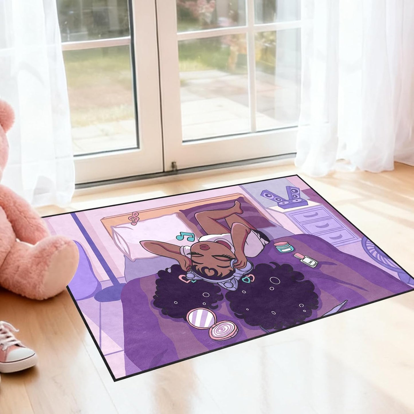 Black Girl Area Rug for Bedroom African Black Girls Floor Rugs for Living Room Playroom Cartoon Art Home Decor Soft Yoga Mats for Women Afro Purple 47" x 31" (2.7 x 3 Feet)
