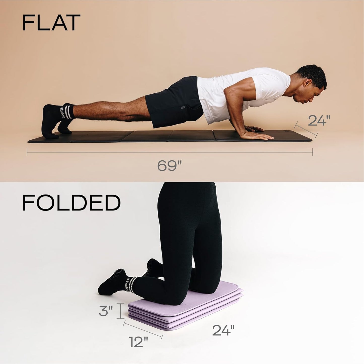 Stakt Foldable Yoga Mat Pro, 2 in 1 with Premium Textured Grip, Non Slip, Folding Exercise and Fitness Mat for Pilates, Strength Training, and High Impact Workouts