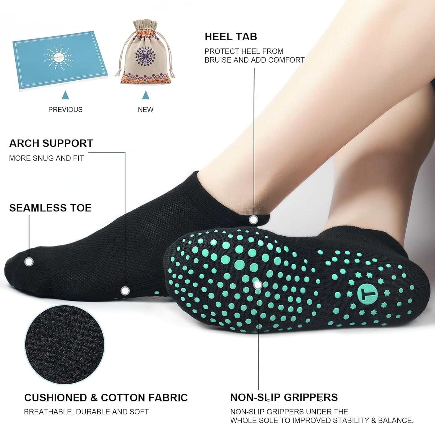 Toes Home Pilates Socks for Women, Cushioned Ankle Grippy Non Slip Socks for Yoga, Hospital, Barre, Home Slipper 2/4 Pairs