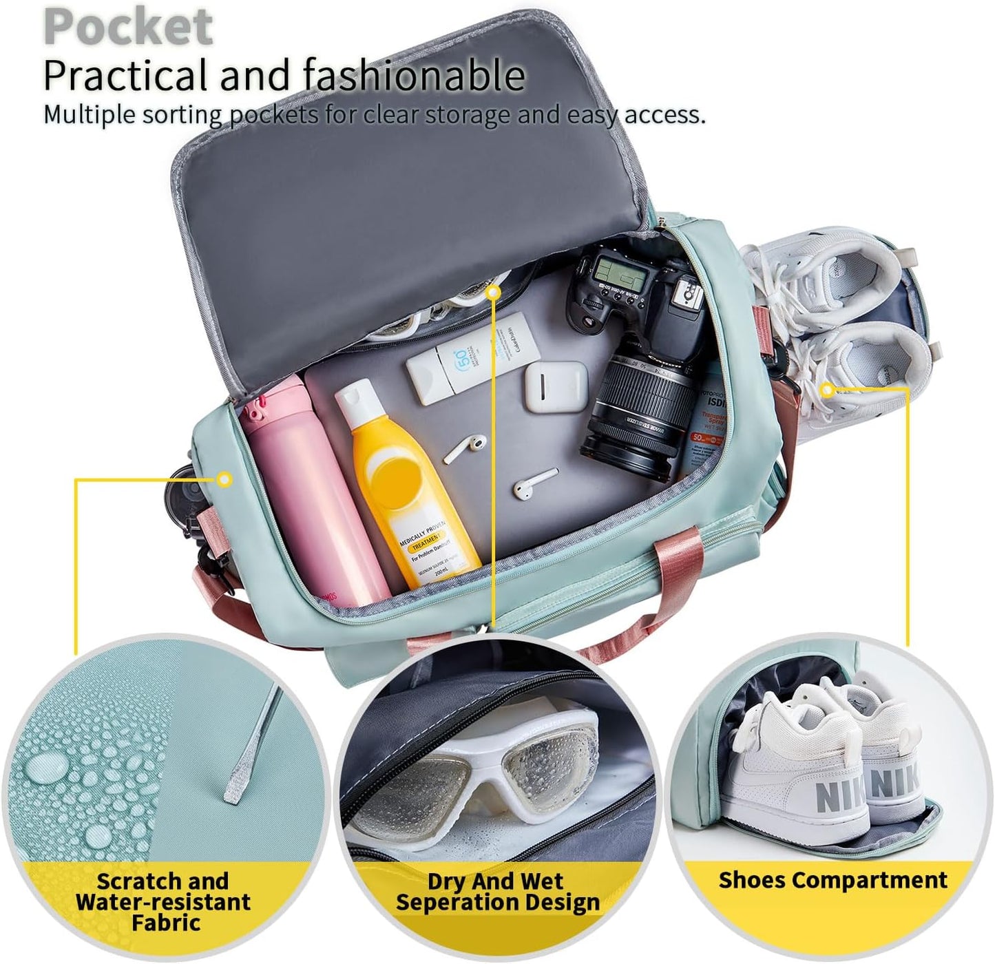 FIORETTO Women's Gym Duffle Bag with Shoes Compartment, 30L Capacity, Ideal for Travel, Gym, Sports, Duffel, Weekender