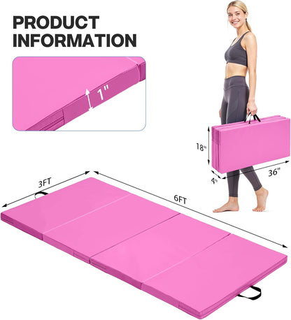 Outdoor Basic 6'x3'x2'' Gymnastics Mats Portable 4-Fold Tumbling Mat Thick Yoga Mat with PU Leather & Carry Handle for Home Workout, Yoga, MMA Core Training, Pilates