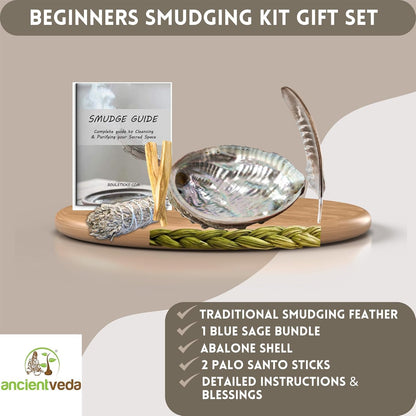 Ancient VEDA Organic Smudge Kit – Yerba Santa, Palo Santo, Sweetgrass Braid, Feather & Smudge Guide | Home Cleansing Kit for Meditation, Yoga, Energy Healing & Gift (Starter Kit, Yerba Santa Sage)
