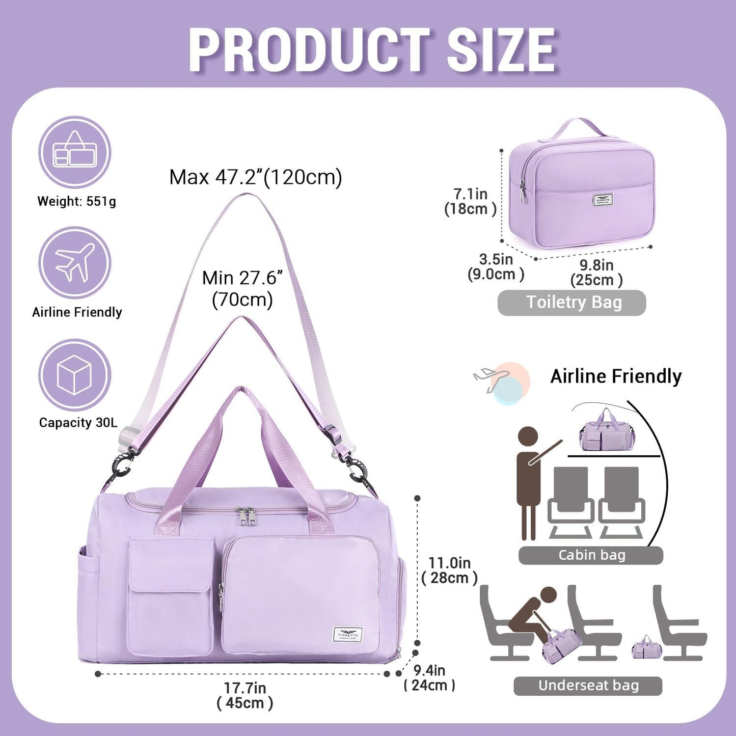 FIORETTO Women's Gym Duffle Bag with Shoes Compartment, 30L Capacity, Ideal for Travel, Gym, Sports, Duffel, Weekender