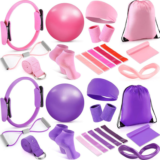 Poen Home Pilates Essentials Kit for Women 30 Pcs Pilates Ring and Ball Equipment Set with Yoga Ball Stretching Strap 8 Shape Resistance Bands Non Slip Sock Wristbands Gym Bags Exercise