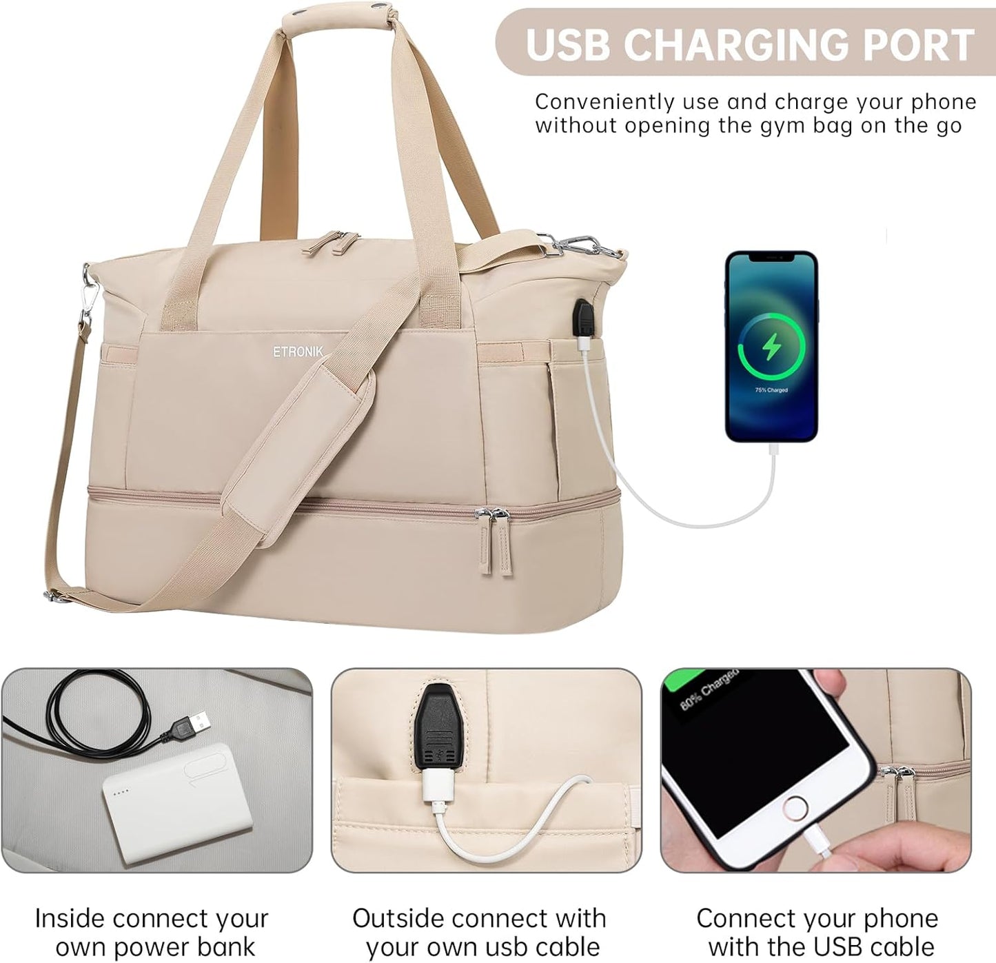 ETRONIK Gym Bag for Women, Personal Item Travel Bag with Shoes Compartment, Weekender Overnight Duffel Bag with Wet Pocket, Carry On Bag for Women, Travel, Gym, Weekend (Beige)