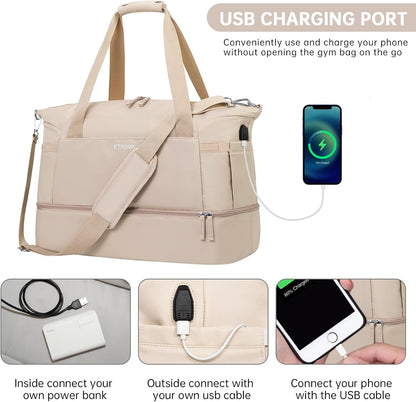 ETRONIK Gym Bag for Women, Personal Item Travel Bag with Shoes Compartment, Weekender Overnight Duffel Bag with Wet Pocket, Carry On Bag for Women, Travel, Gym, Weekend (Beige)