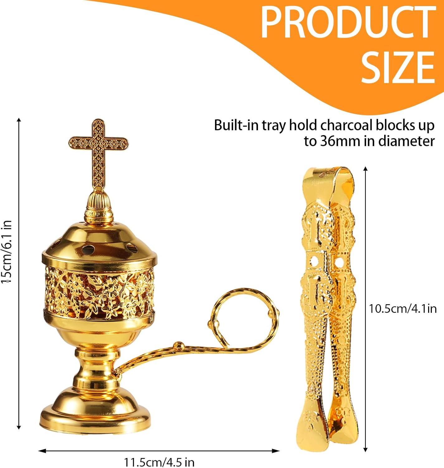 Gold Incense Burner with Tong – Frankincense Charcoal Incense Stand Aromatherapy, Yoga, Spa, Home Decor, and Church Use – Compact & Durable Bakhoor Holder