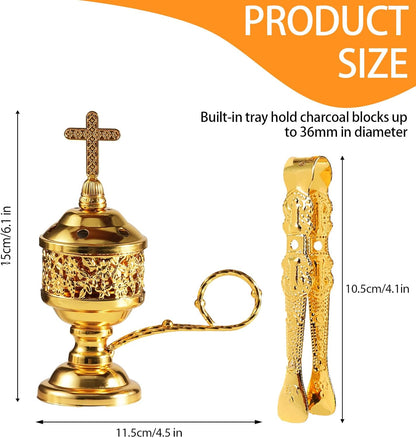Gold Incense Burner with Tong – Frankincense Charcoal Incense Stand Aromatherapy, Yoga, Spa, Home Decor, and Church Use – Compact & Durable Bakhoor Holder