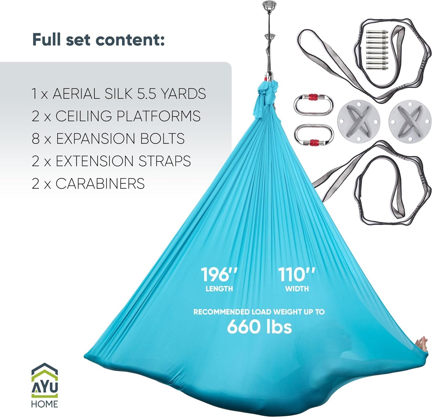 AyuHome Aerial Silks Kit for Home - Premium Yoga Swing for Kids and Adults with 660 lbs Capacity - Versatile Aerial Yoga Hammock for Gymnastics Training