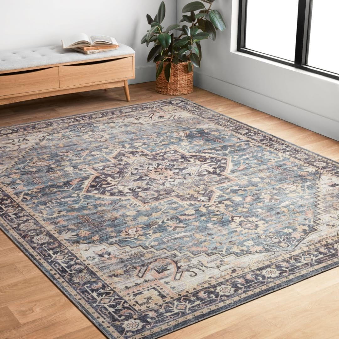 Loloi Hathaway Collection HTH-06 Blush/Multi 2'-6" x 7'-6", .25" Thick, Runner Rug, Soft, Durable, Printed, Modern, Low Pile, Non-Shedding, Easy Clean, Living Room Rug