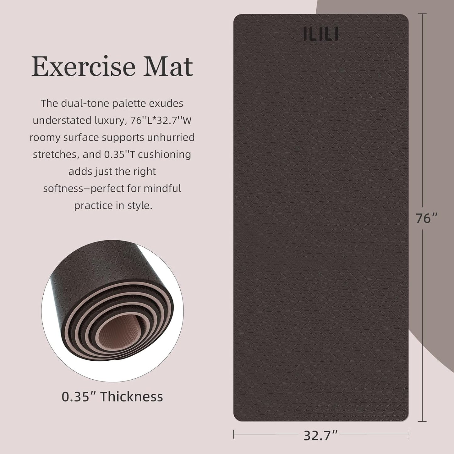 ILILI large Yoga Mat, Thick Soft Exercise Mat for Home Gym, Anti-Tear Cushioned Mat for Men Women, 76"x32.7"x0.35" for Stretching, Pilates&Fitness Workouts