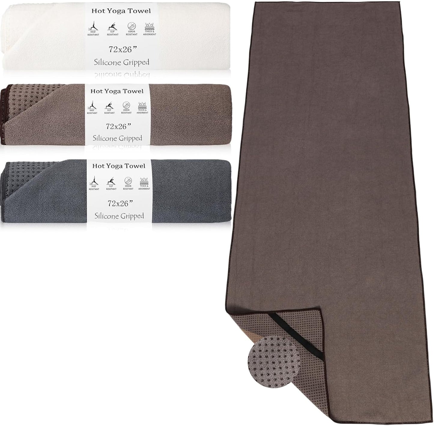 Hahafelt 3 Pack Hot Yoga Mat Towel Non Slip Microfiber Pilates Towel with Grip Dots & Elastic Straps, 72" x 26" Absorbent Sweat Anti-Slip Hot Yoga Gym Mat for Fitness Workout(Beige Dark Gray Coffee)