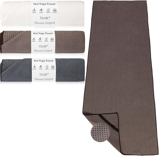 Hahafelt 3 Pack Hot Yoga Mat Towel Non Slip Microfiber Pilates Towel with Grip Dots & Elastic Straps, 72" x 26" Absorbent Sweat Anti-Slip Hot Yoga Gym Mat for Fitness Workout(Beige Dark Gray Coffee)