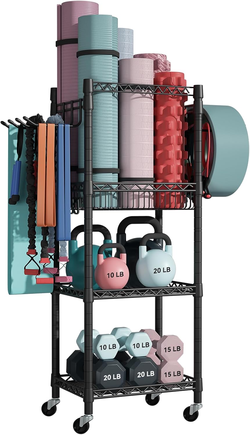 FUTASSI Home Gym Storage, 3 Tiers Workout Equipment Organizer with Wheels for Yoga Mats, Foam Roller, Dumbbells, Kettlebells, and Resistance Bands