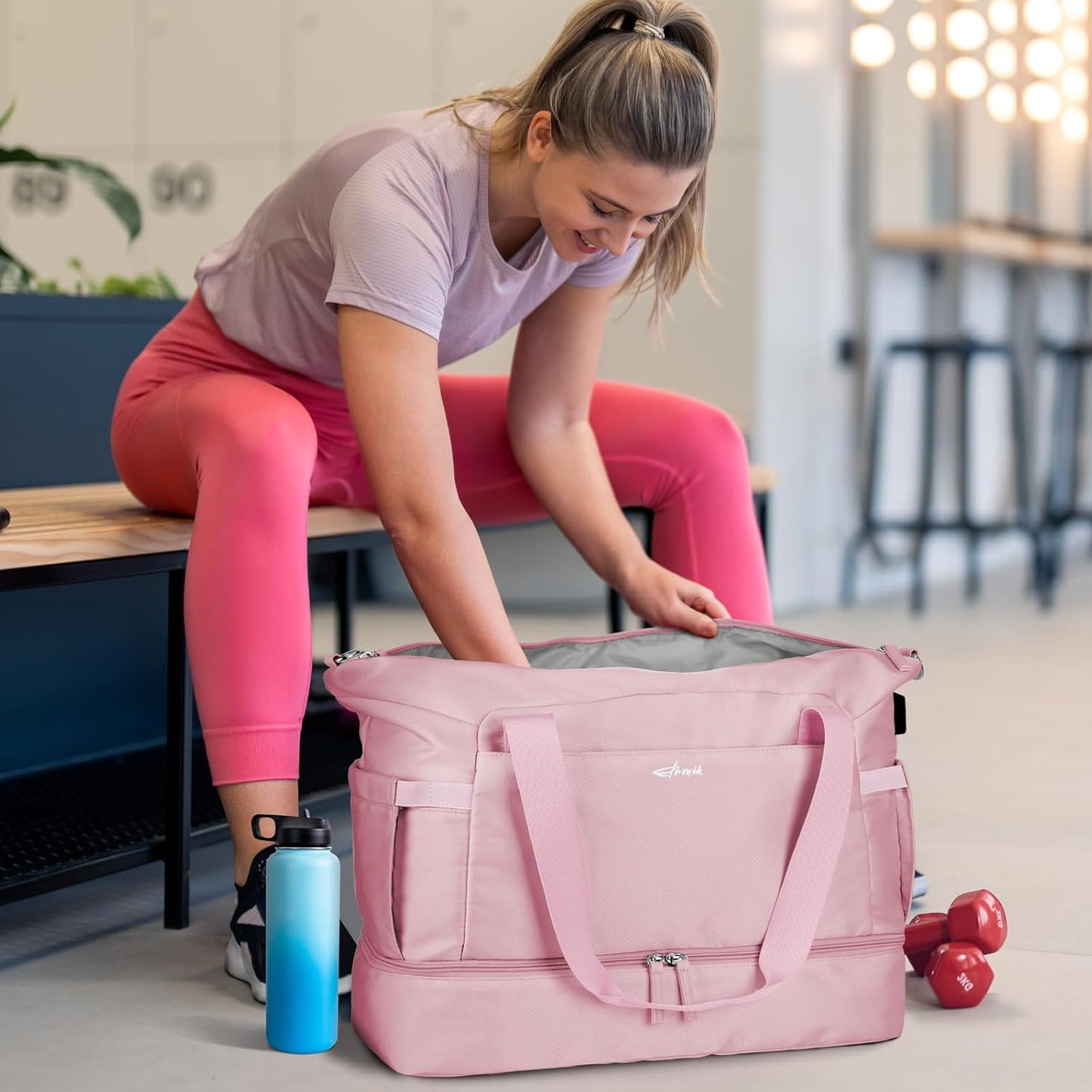 ETRONIK Gym Bag for Women, Personal Item Travel Bag with Shoes Compartment, Weekender Overnight Duffel Bag with Wet Pocket, Carry On Bag for Women, Travel, Gym, Weekend (Beige)