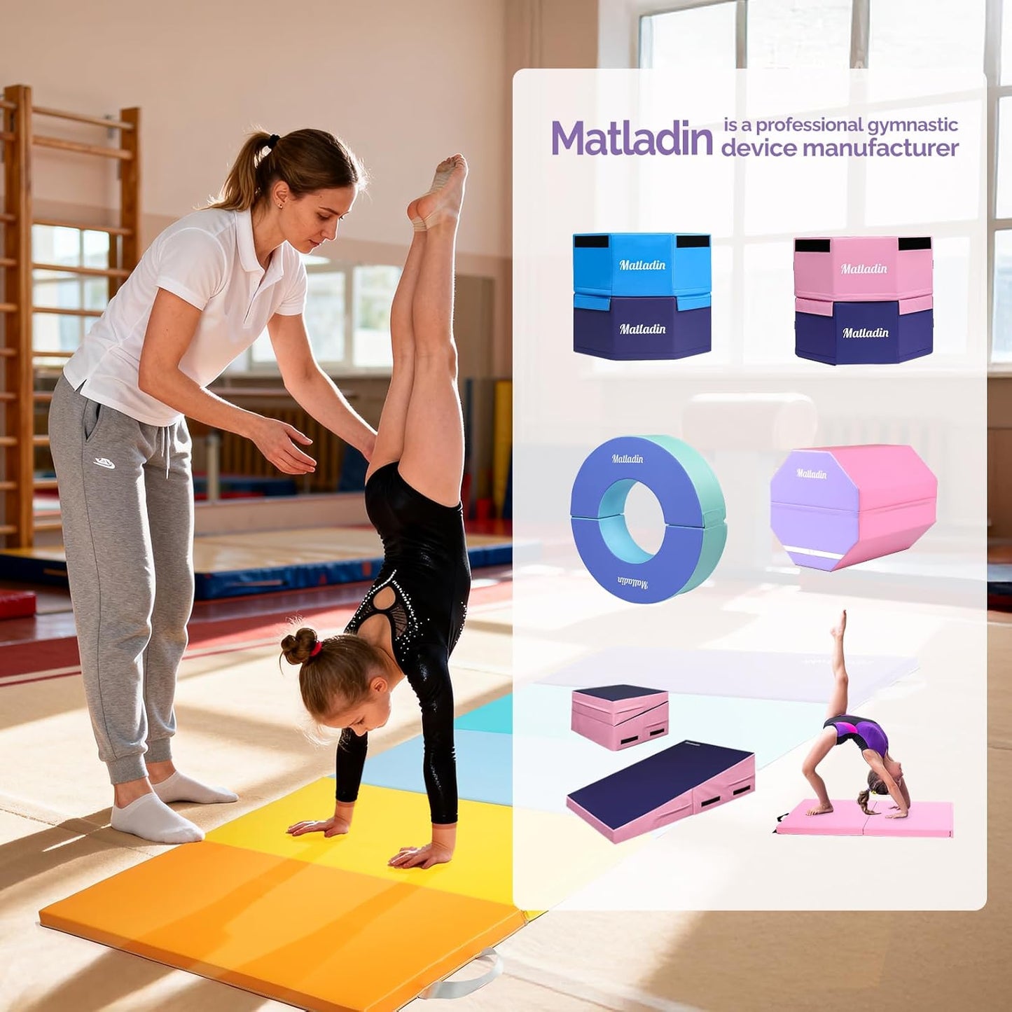 Matladin Folding Gymnastics Mat for Kids, 6'x3'x1"/8'x3'x1" PU Leather Gym Exercise Mats for Tumbling, Cheer, Yoga, Fitness, Pilates and Martial Art