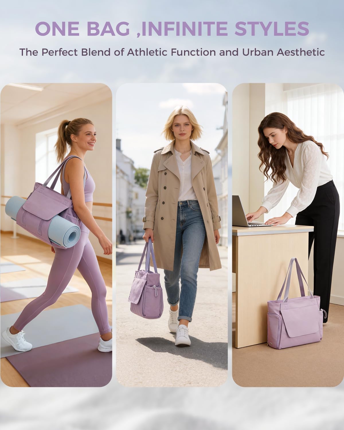 sportsnew Gym Bag for Women, 19L Yoga Mat Bag with Shoe Compartment & Wet Dry Pocket, Gym Tote Bag with Hook-and-loop Yoga Mat Holder, Quick Access Storage, for Workout Travel Pilates Dance