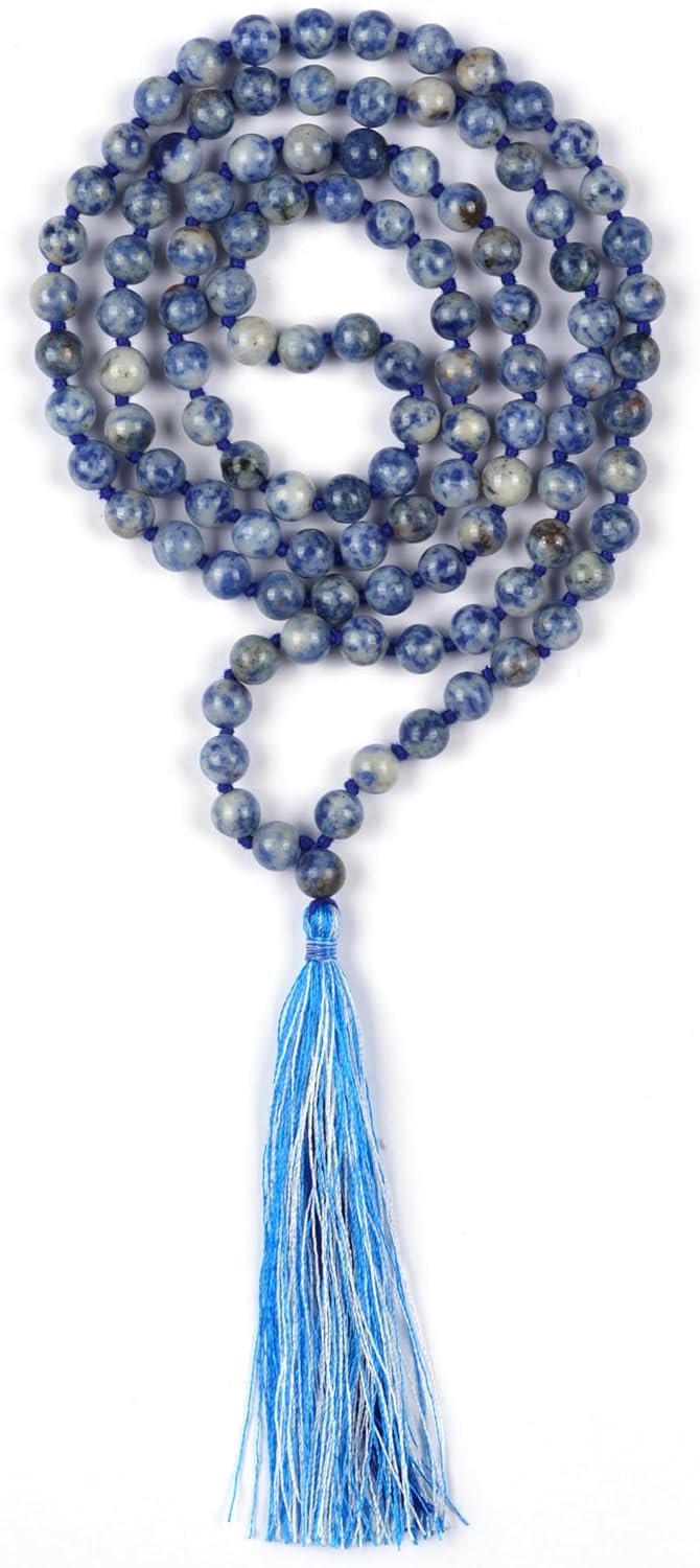 108 Mala Beads 8mm Natural lapis lazuli Long Polished-Finish Genuine Semi-Precious Stone Crystal Stone Mala Prayer Bead Necklace Or Bracelet for Yoga Meditation Energy Balancing