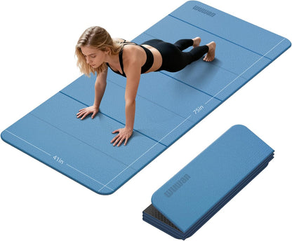 Foldable Yoga Mat Thick 10mm-WUWAN Extra Large Exercise Mat, TPE Material, Non-Slip Fitness Folding Mat Easy to Carry, Suitable for Home Workout Travel Pilates (75" x40",2/5") (Blue)