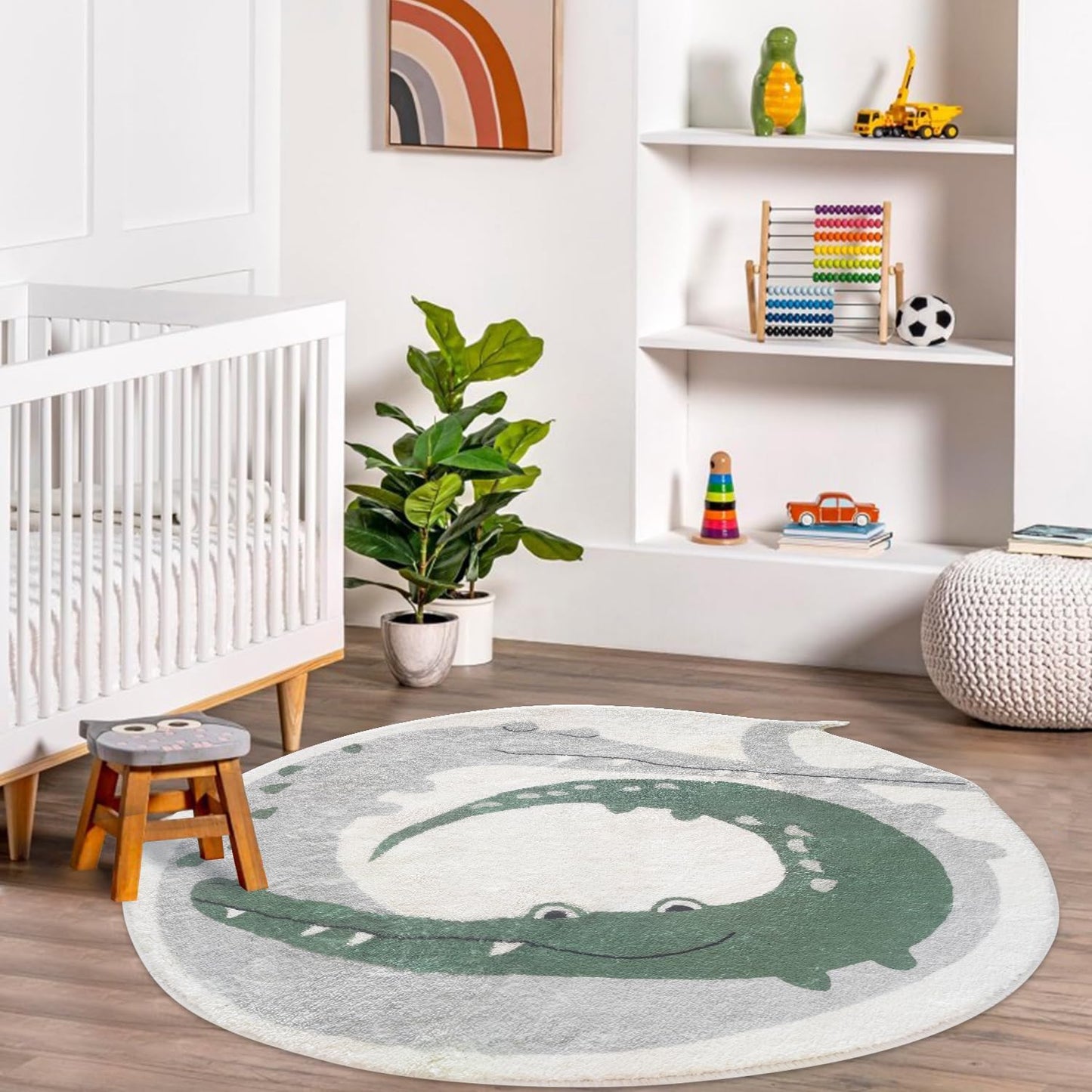 Poowe Cute Animals Kids Room Rug,39.4" Round Washable Area Rugs Rabbit Rug Nursery Rug for Baby Boys Girls Play Mat Floor Carpet Non Slip Soft Rugs for Living Room Bedroom Playroom Classroom