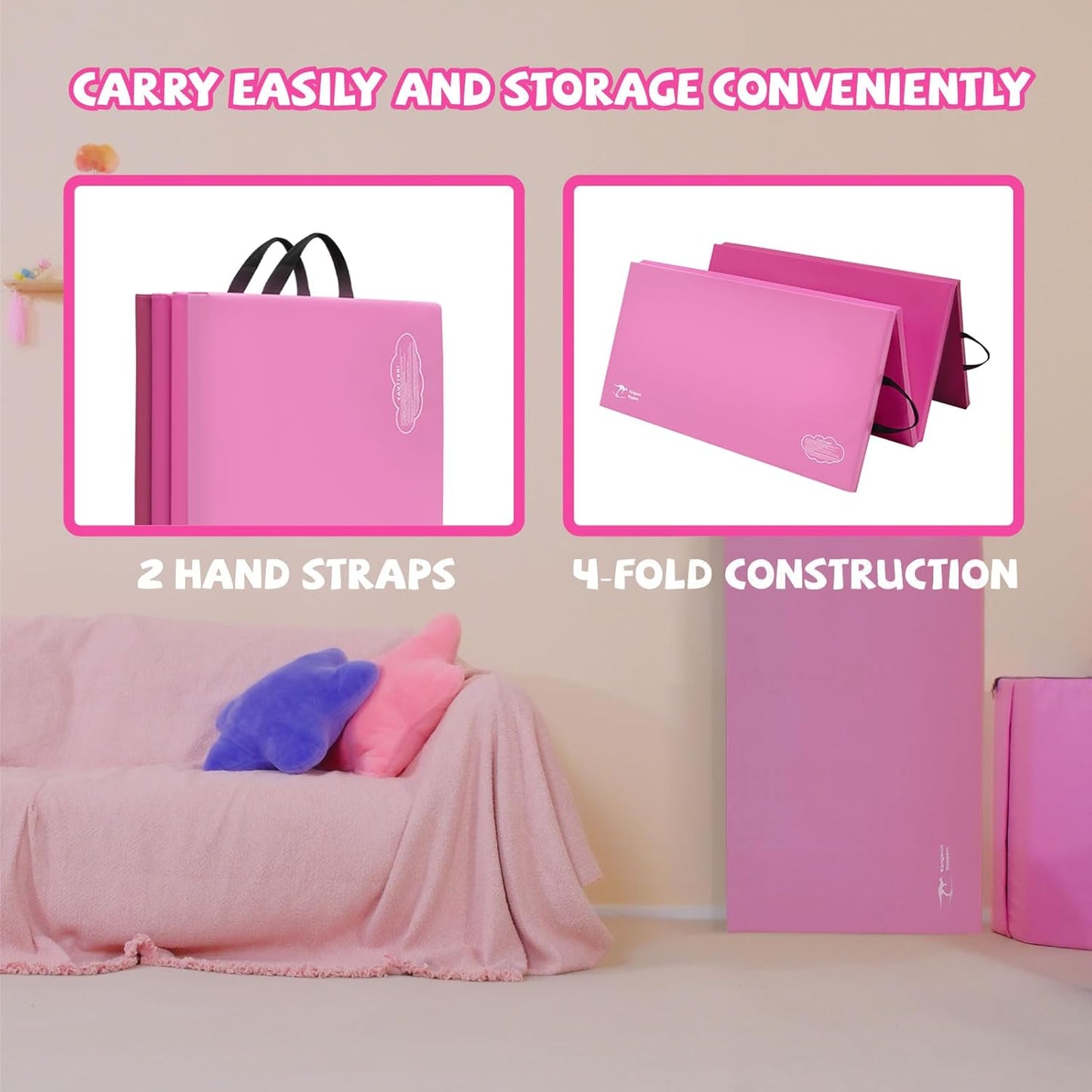 Kangaroo Hoppers Gymnastics Tumbling Mats for Kids, Foldable Gym Mat with Carrying Handles for Home Activity Play