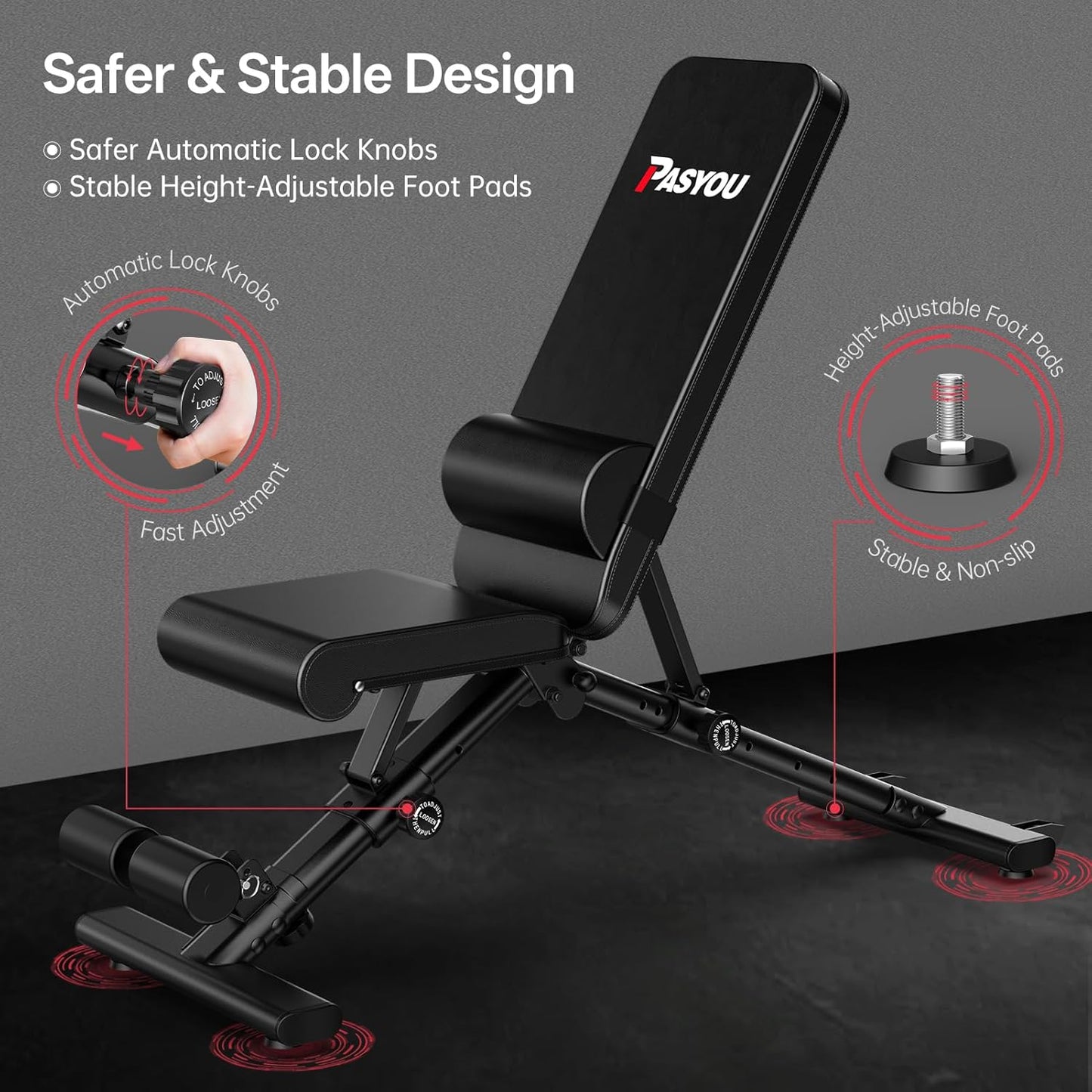 PASYOU Adjustable Weight Bench for Home Gym, Foldable Workout Benches with 660LBS, Exercise Bench for Incline Decline Flat Bench Press, Foldable Strength Bench for Daily Training