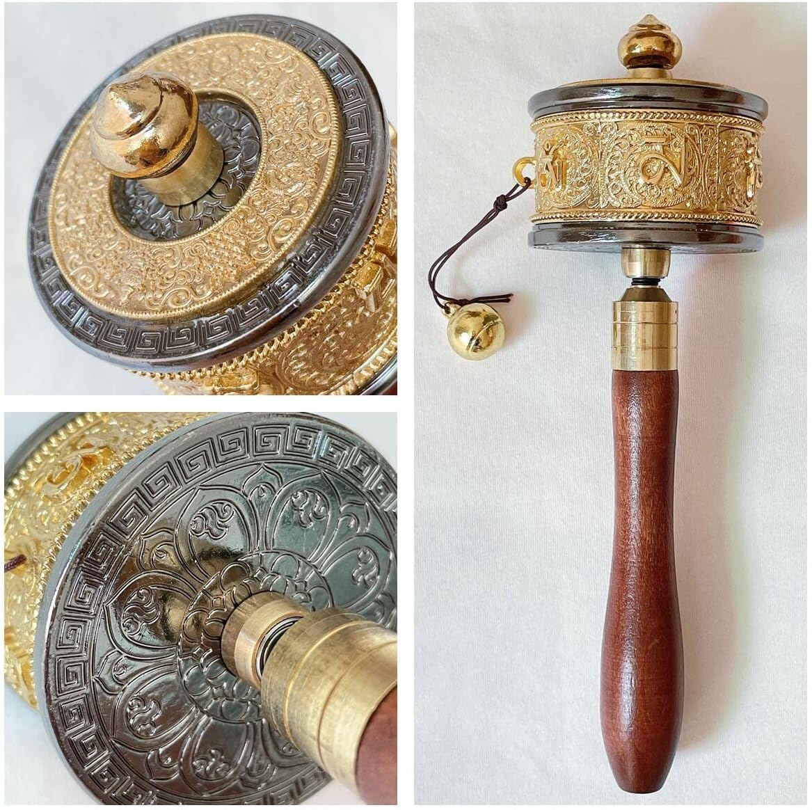 Copper Hand Held Prayer Wheel with Tibetan Buddhist Six-Character Truth Premium Buddha Scriptures, Wooden Handle Prayer Wheel for Praying, blessing, Meditation, Healing, Relaxing, Yoga