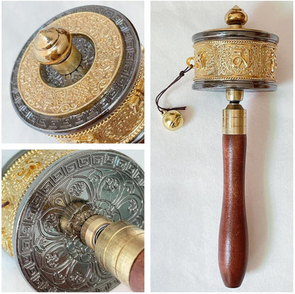 Copper Hand Held Prayer Wheel with Tibetan Buddhist Six-Character Truth Premium Buddha Scriptures, Wooden Handle Prayer Wheel for Praying, blessing, Meditation, Healing, Relaxing, Yoga