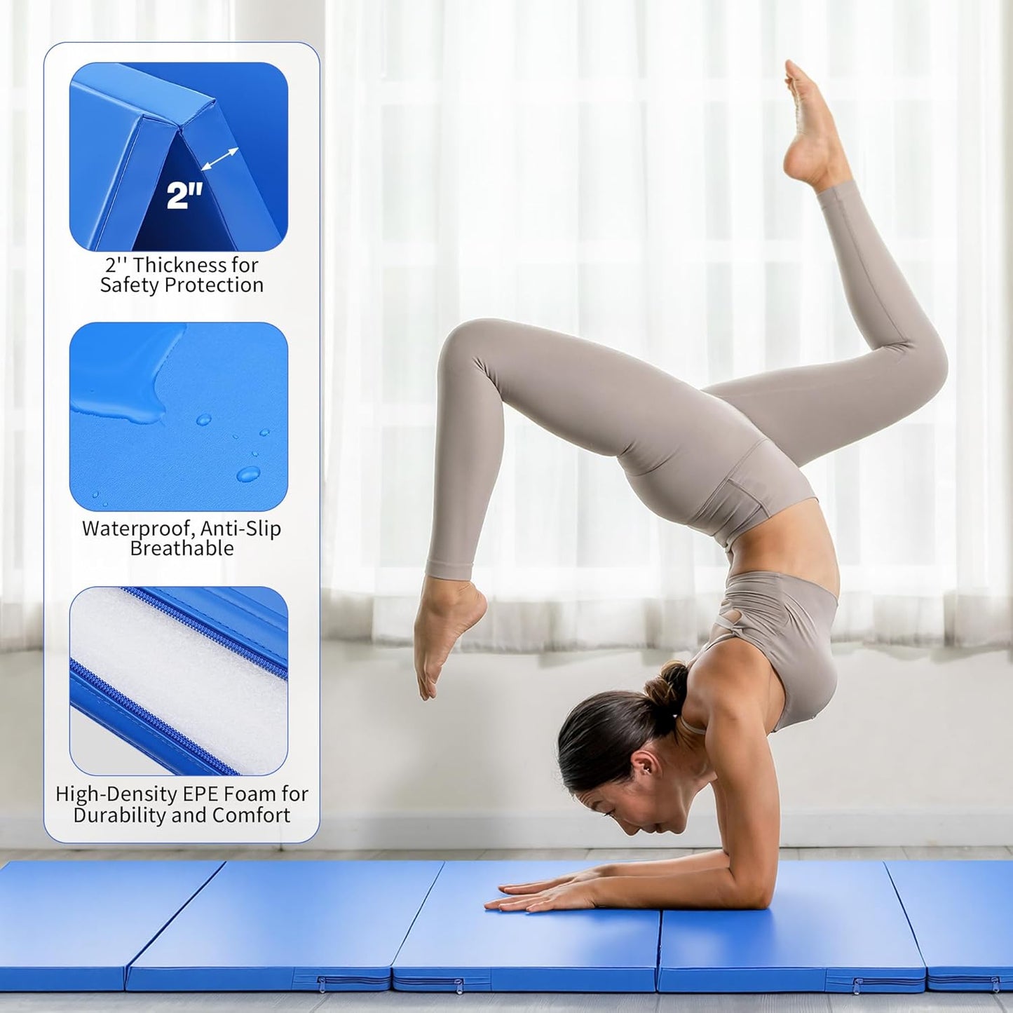 Outdoor Basic 6'x3'x2'' Gymnastics Mats Portable 4-Fold Tumbling Mat Thick Yoga Mat with PU Leather & Carry Handle for Home Workout, Yoga, MMA Core Training, Pilates