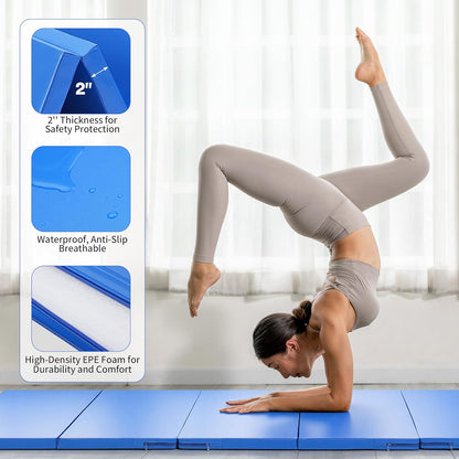 Outdoor Basic 6'x3'x2'' Gymnastics Mats Portable 4-Fold Tumbling Mat Thick Yoga Mat with PU Leather & Carry Handle for Home Workout, Yoga, MMA Core Training, Pilates
