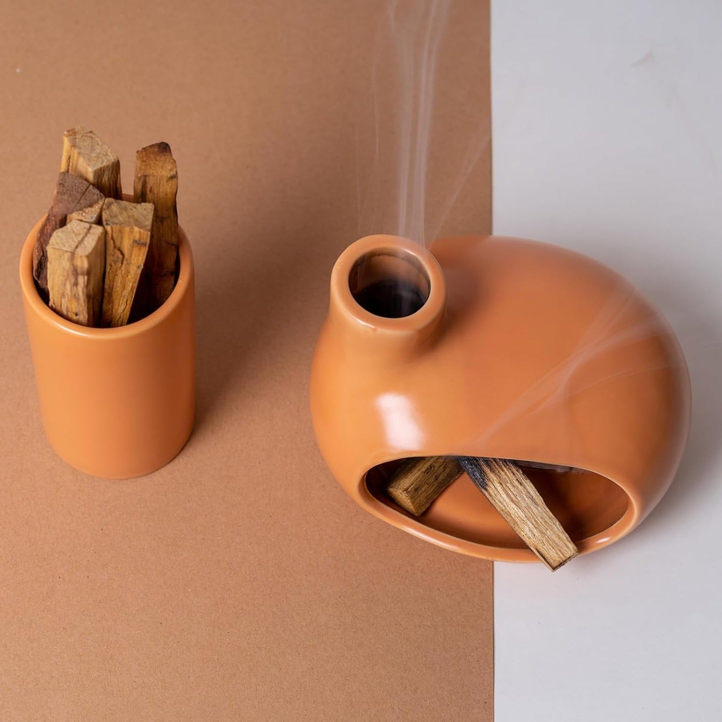 MOUGIGI Terracotta Palo Santo Holder - Modern Chiminea Incense Burner for Yoga, Meditation, and Energy Cleansing - Wood Sticks Dish, Sage Ash Catcher, Smudge Bowl, Cone Burner - Unique Meditation Gift