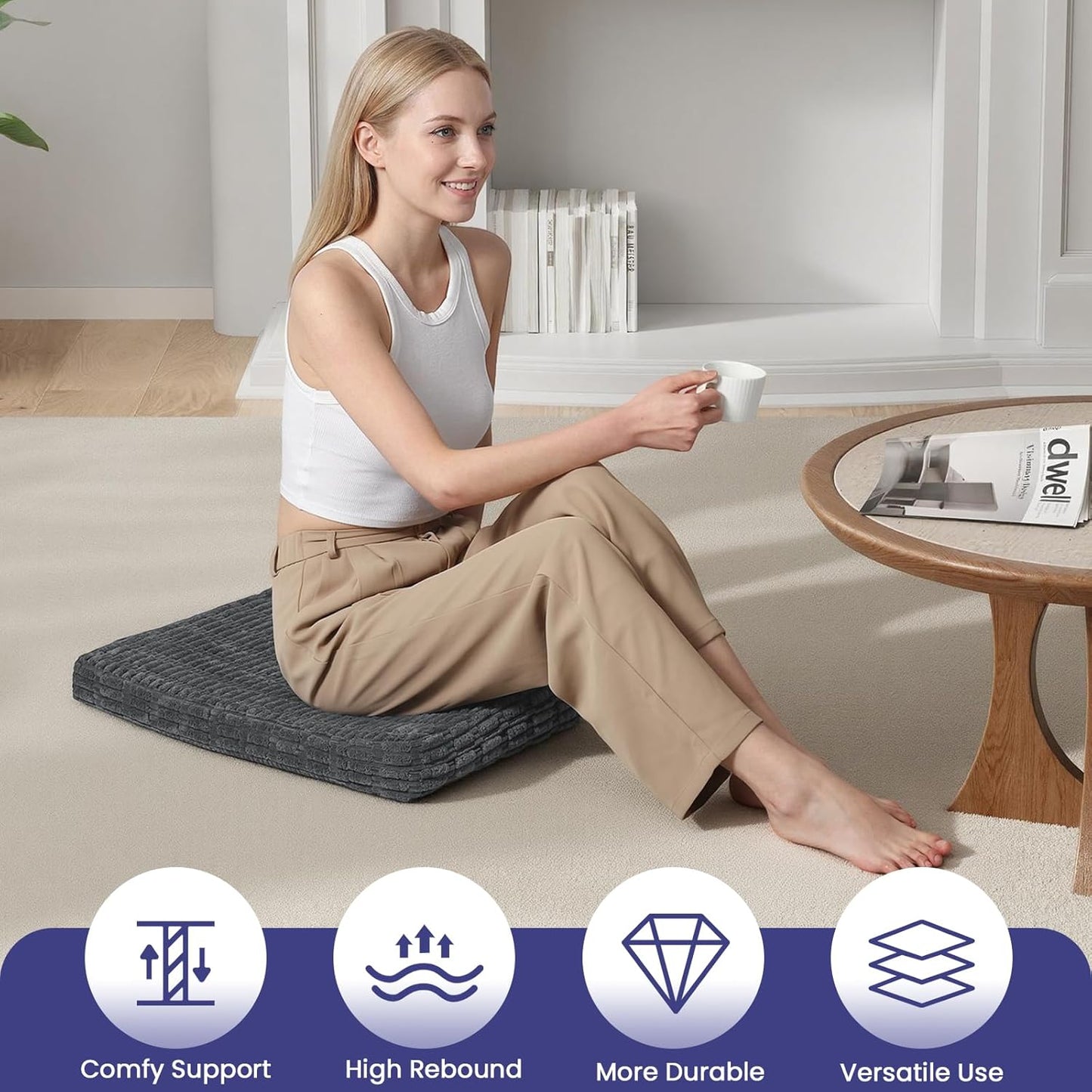 Meditation Cushion Set, Meditation Pillow for Sitting on Floor, Large Yoga Pillow with Knee Support, Washable Zafu Meditation Mat, 3 Shapes Floor Pillow for Adults, Dark Grey