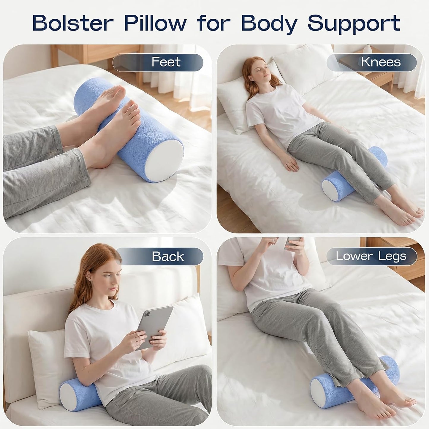 Neck Roll Pillow, Memory Foam Neck Support Pillows, Round Neck Pillows, Cylinder Bolster Pillows for Bed, Couch, and Yoga, Removable Washable Cover,18 * 4.1 * 4.1inch (Cool-Blue)