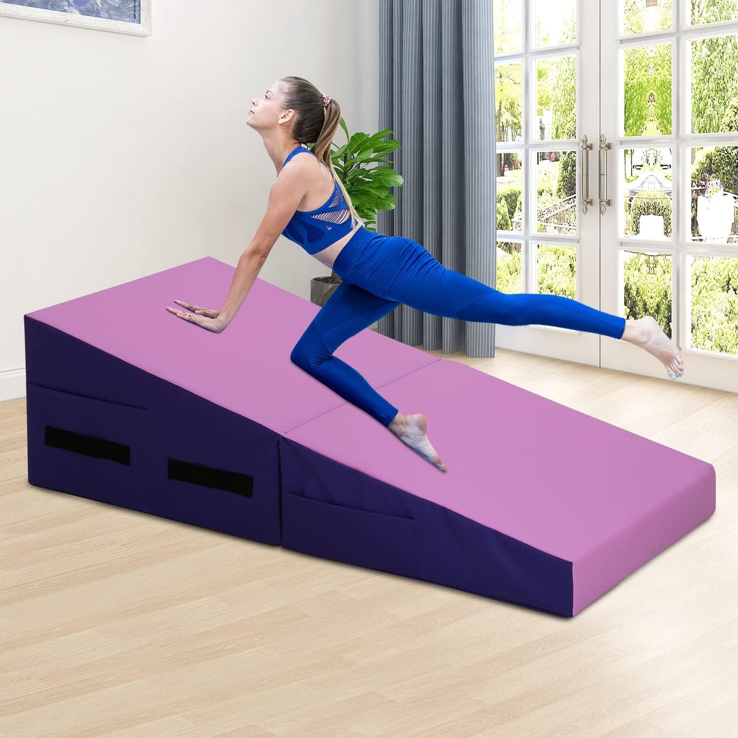 Incline Gymnastics Mat, 48x24 Inch Foldding Gymnastic Tumbling Mat with Handle, Cheese Wedge Skill Shape, Indoor/Outdoor Exercise Mat Home Gym Yoga Mat for Kids Tumbling, Skill Training