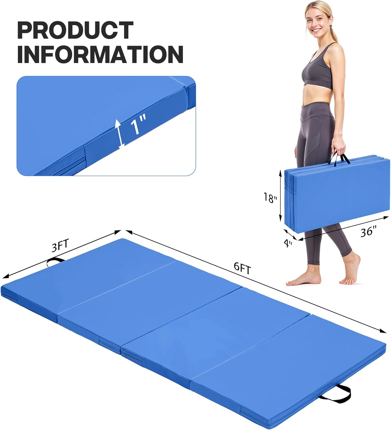Outdoor Basic 6'x3'x2'' Gymnastics Mats Portable 4-Fold Tumbling Mat Thick Yoga Mat with PU Leather & Carry Handle for Home Workout, Yoga, MMA Core Training, Pilates