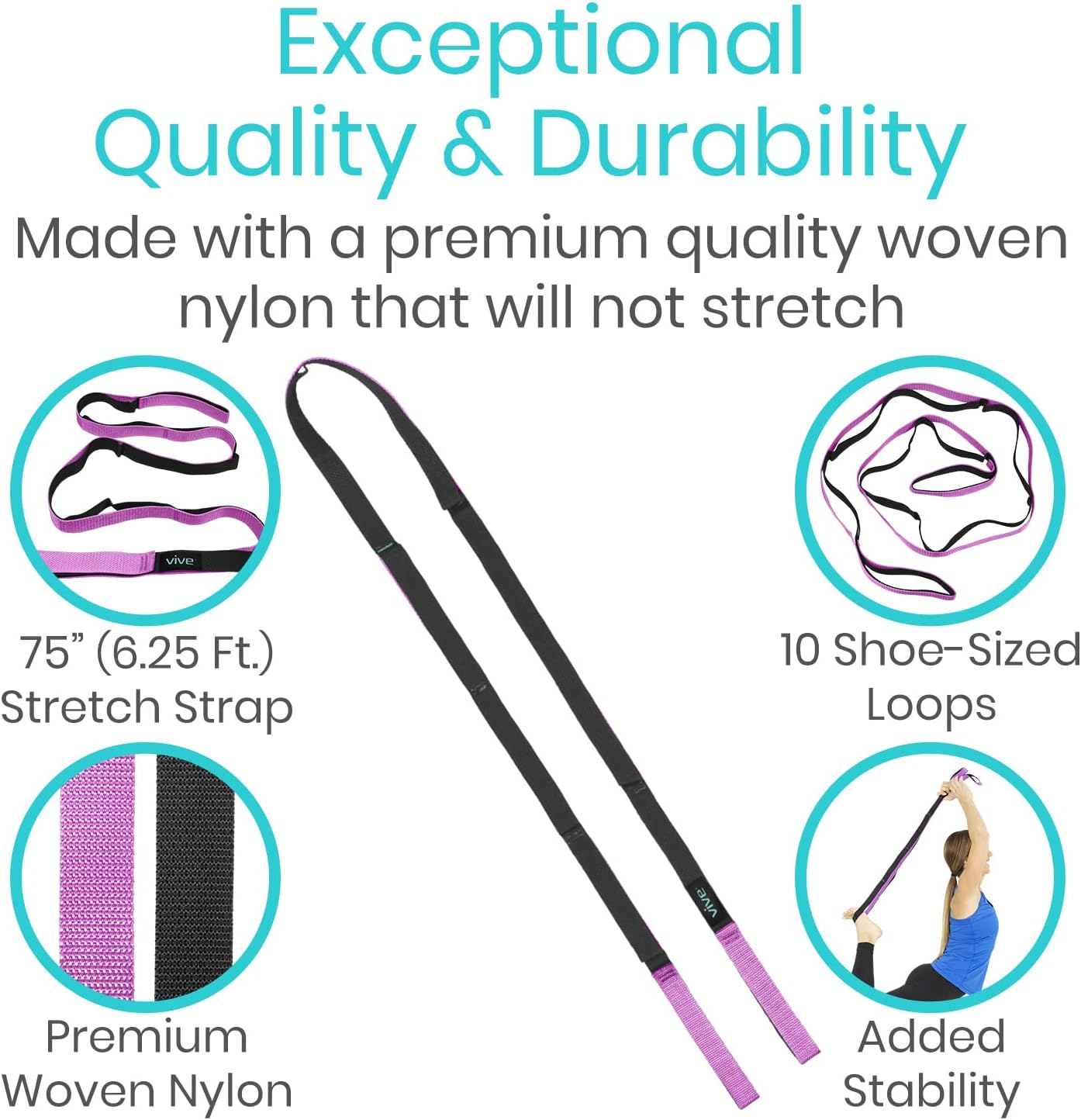 Vive Stretch Strap (75" - 10 Loops) - Leg Stretch Band to Improve Flexibility - Stretching Out Yoga Strap - Exercise and Physical Therapy Belt for Rehab, Pilates and Gymnastics with Guide Book