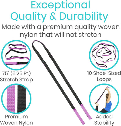 Vive Stretch Strap (75" - 10 Loops) - Leg Stretch Band to Improve Flexibility - Stretching Out Yoga Strap - Exercise and Physical Therapy Belt for Rehab, Pilates and Gymnastics with Guide Book